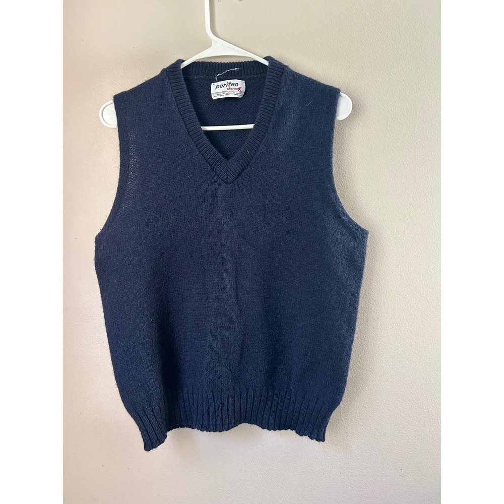 Vintage Puritan Thermo-X V Neck Knit Vest Navy Blue‎ Wool Polyester Men's Size M